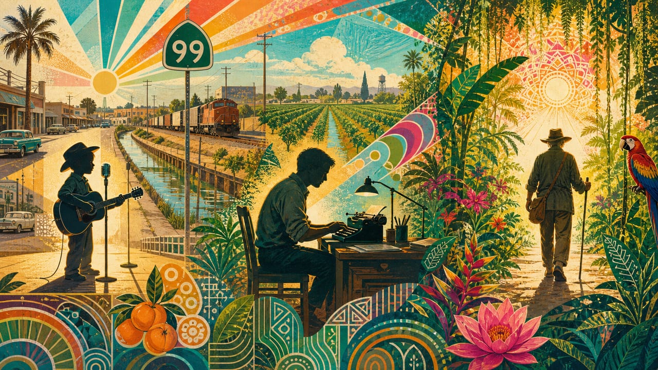 A bright illustrated life journey from a Central Valley child performer to a television writer and a traveler entering rainforest light A bright illustrated life journey from a Central Valley child performer to a television writer and a traveler entering rainforest light