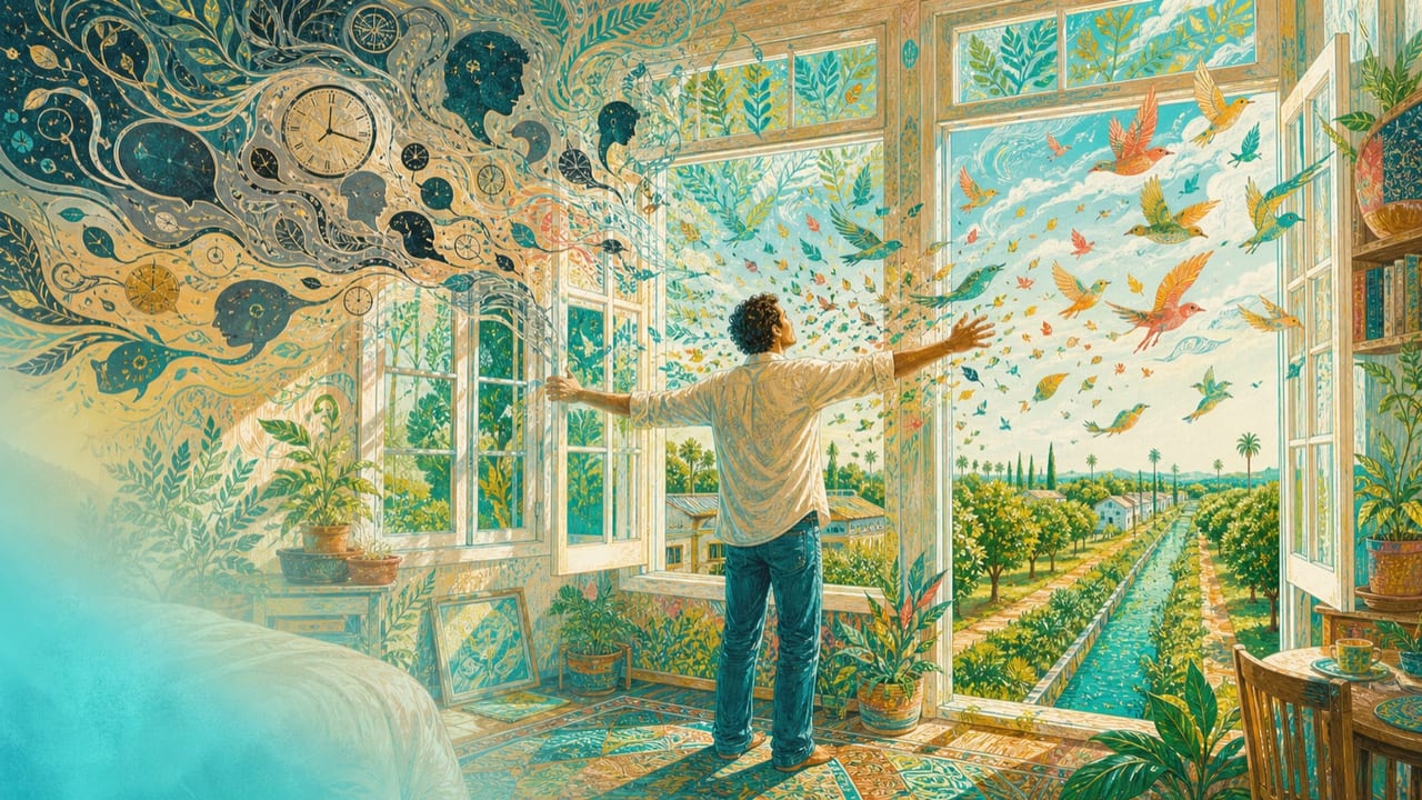 Shut the Fuck Up, Get Out of My Head — An adult person throws open the windows of a sunlit room as tangled thoughts escape harmlessly into birds, ribbons and flowers