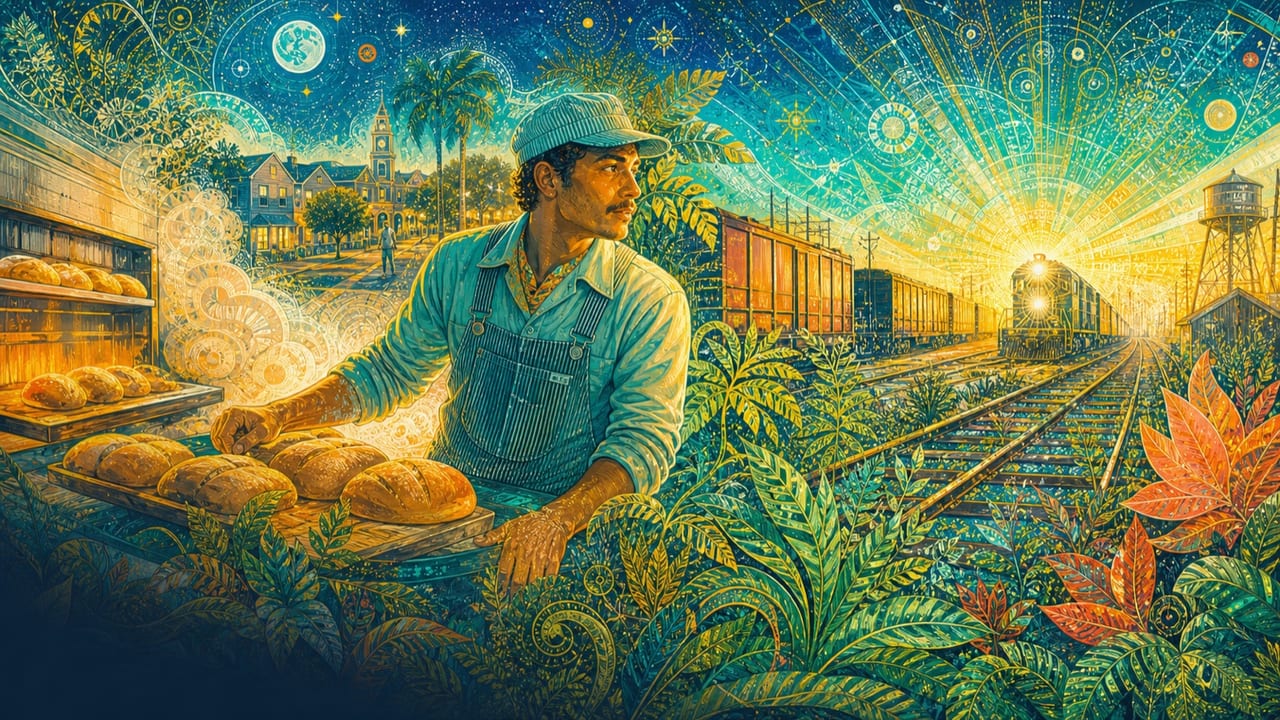 Night Job — An adult night worker moves between a luminous Merced bakery and rail yard where bread steam, freight lights and stars become radiant geometry