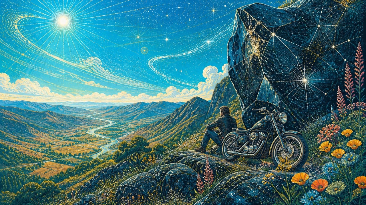 Dark Rock — An adult rider rests beside an immense star-reflecting obsidian outcrop above a bright Central California river valley filled with wildflowers