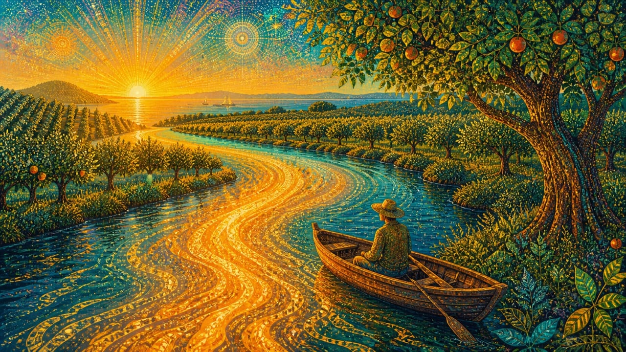 Fire on the Water — An adult rows a wooden skiff through a Central Valley river transformed by sunrise into ribbons of golden fire beneath brilliant orchards
