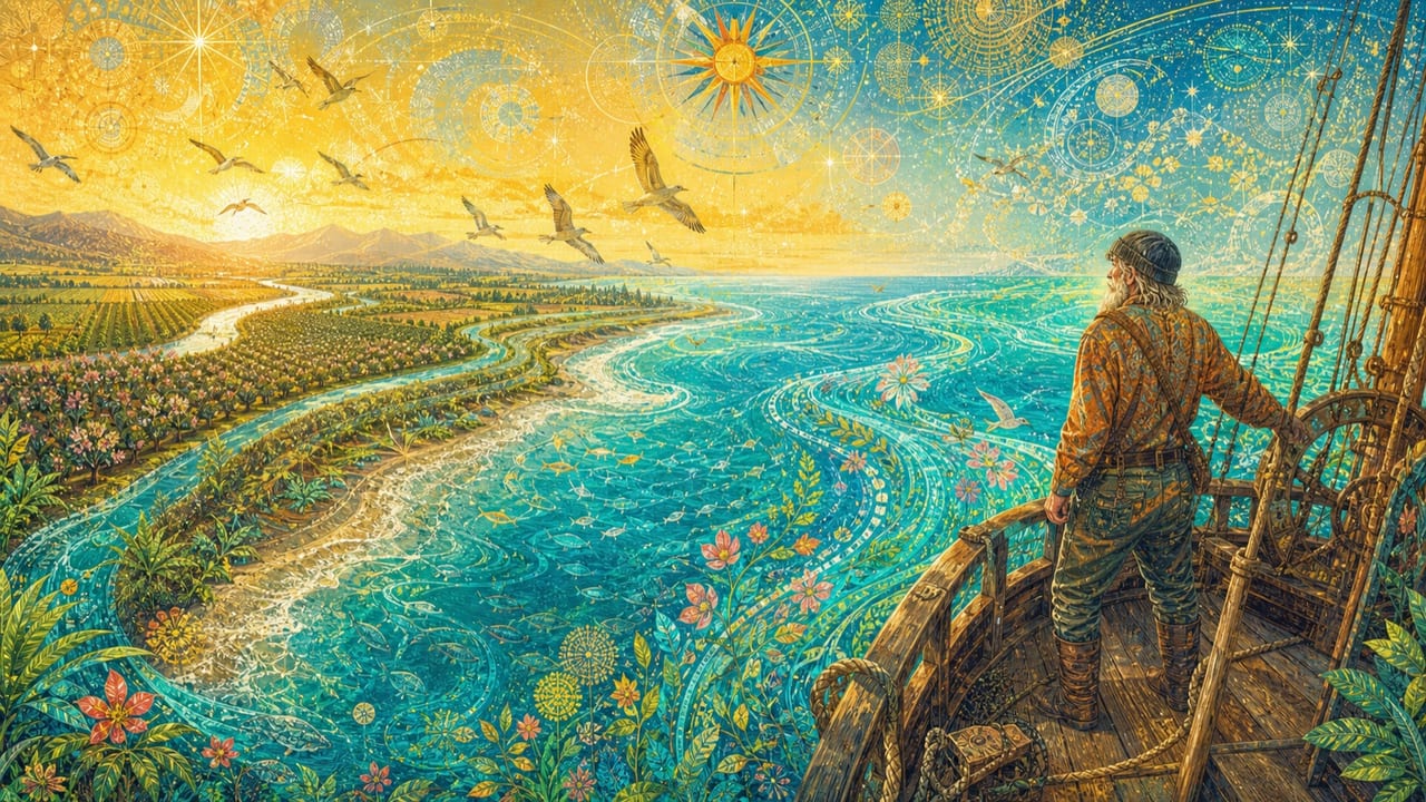 An ancient adult mariner watches a Central Valley river open into a turquoise sea beneath a luminous map of birds, stars and compass roses An ancient adult mariner watches a Central Valley river open into a turquoise sea beneath a luminous map of birds, stars and compass roses