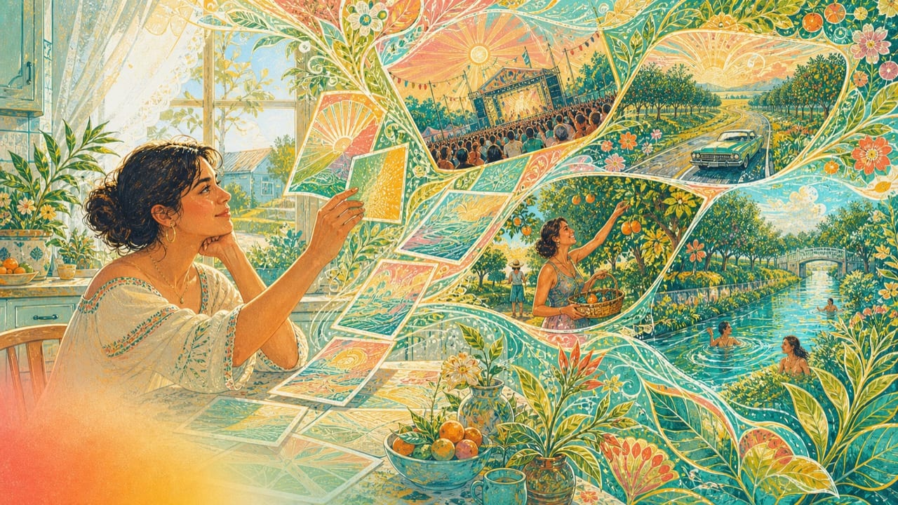 Pick a Day — An adult woman chooses among blank colorful calendar cards that open into a concert, road trip, orchard and river from a sunlit Merced kitchen