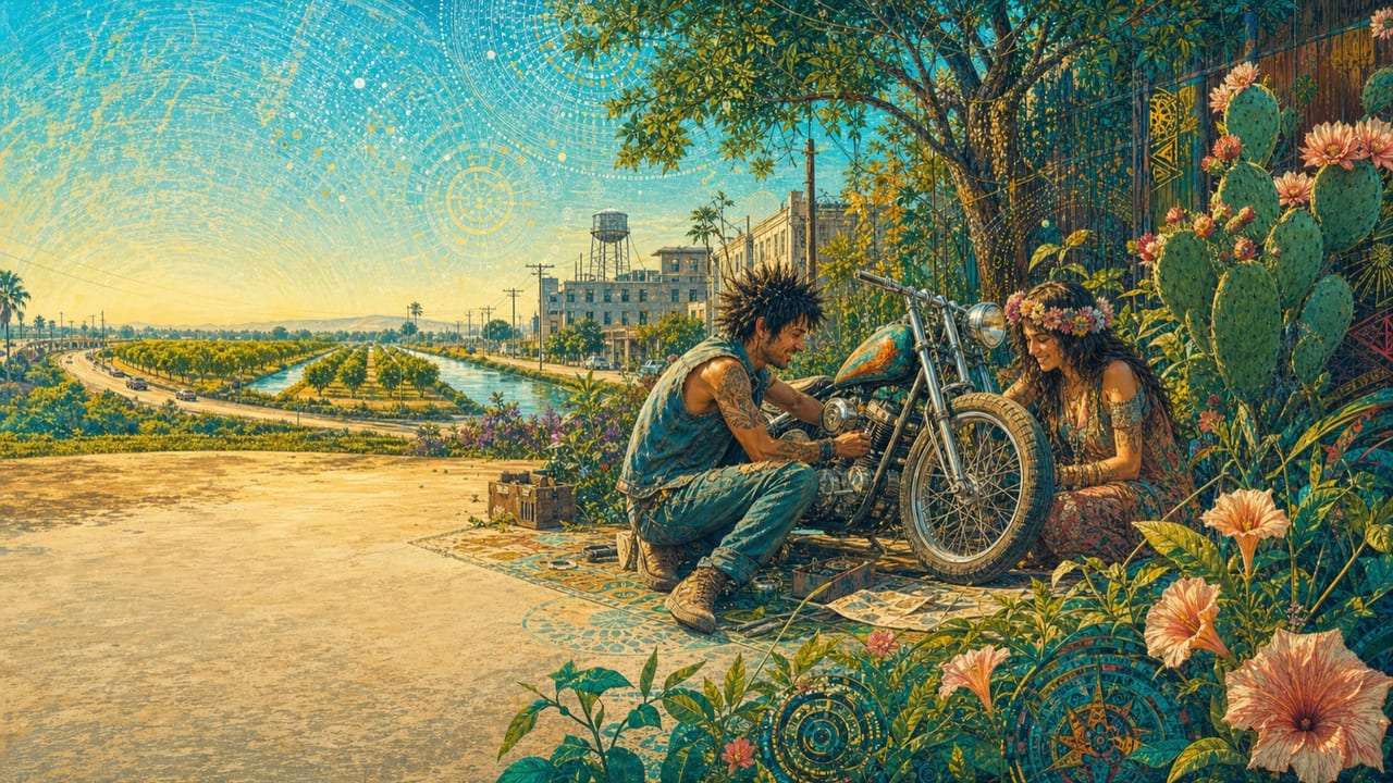 Spike and Delilah — Two adult counterculture sweethearts repair a vintage motorcycle beside a bright Merced alley garden of cactus and delilah flowers