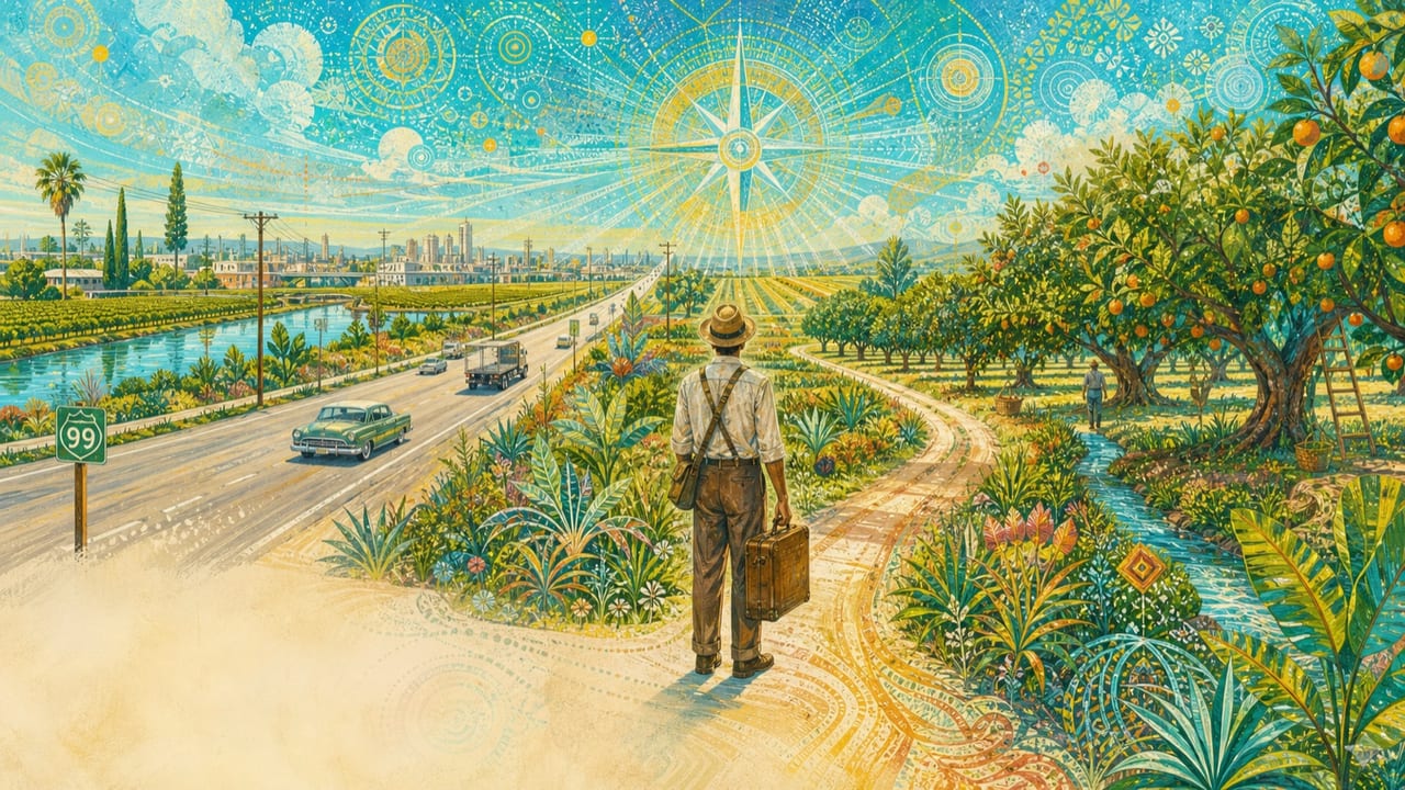 Traveler or Wanderer — An adult figure pauses where an orderly Highway 99 route and a free orchard path split beneath a brilliant compass-like sky