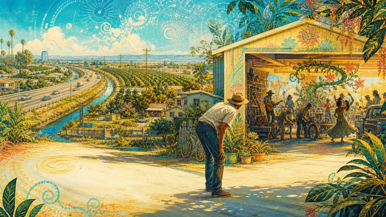What's Goin’ on in There? — An adult neighbor peers into a bright Merced garage where adult musicians, mechanics, dancers and an enormous flowering plant create a joyful mystery