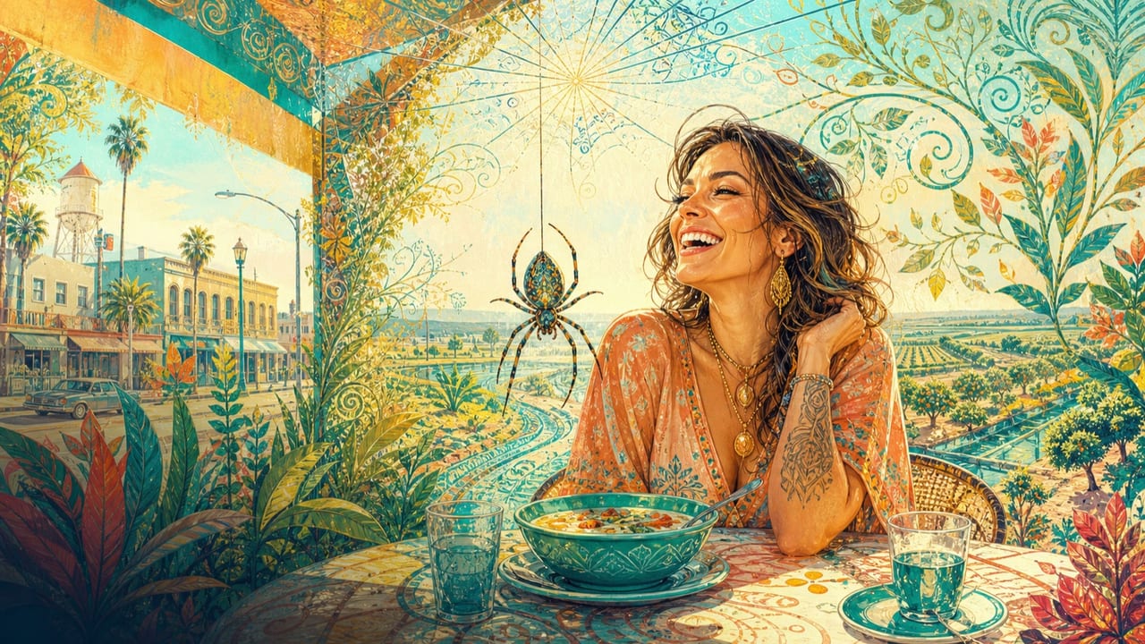 Little Miss Muppet — A clearly adult woman laughs over breakfast at a sunny Central Valley café as a beautiful oversized garden spider lowers harmlessly beside her