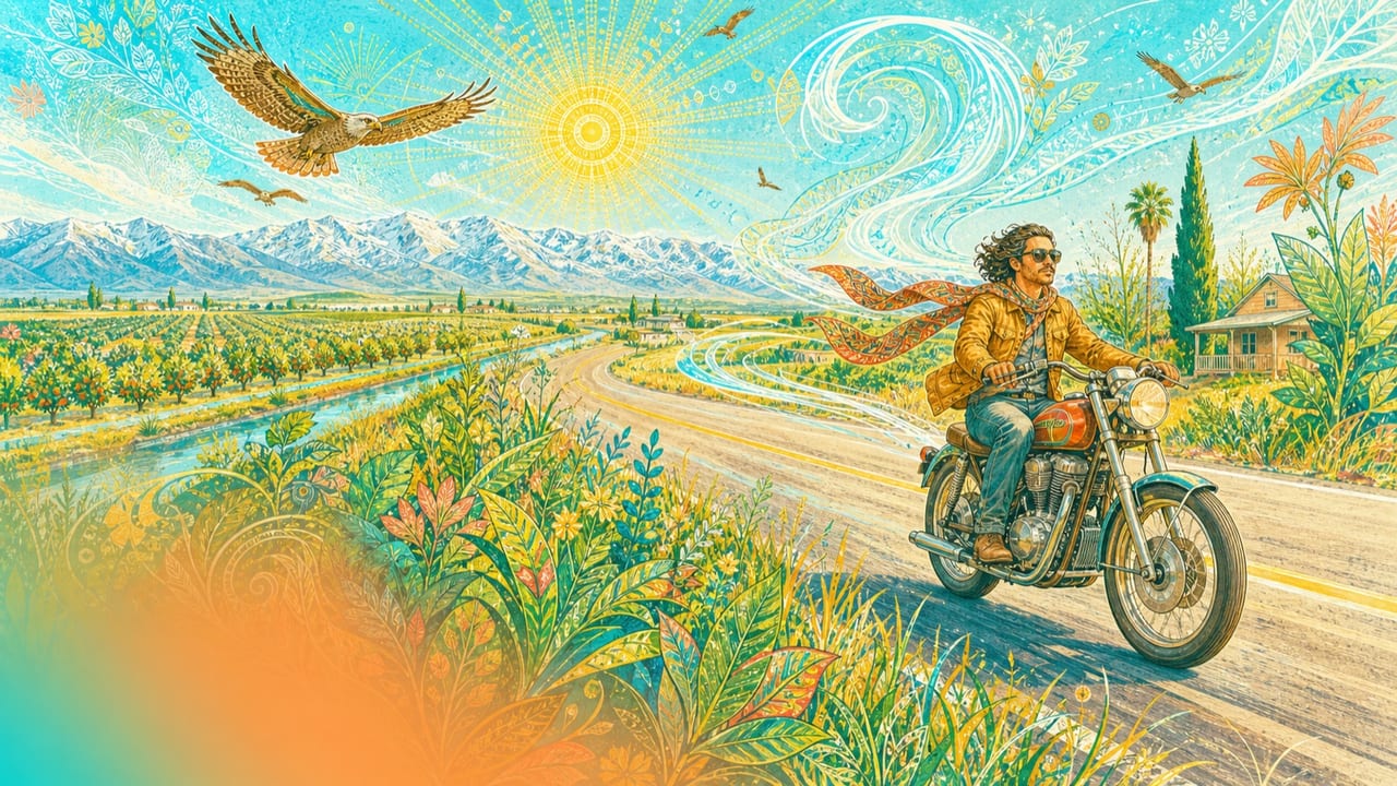 Ridin’ Like the Wind — An adult rider crosses an open Central Valley road in brilliant daylight as scarf, grasses and hawks stream into turquoise wind patterns
