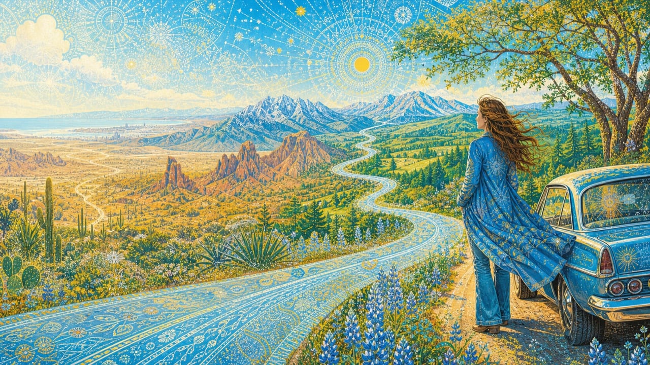 Carolina Blue — A woman in a blue coat overlooks a radiant road flowing from California desert through mountains toward the green Carolinas
