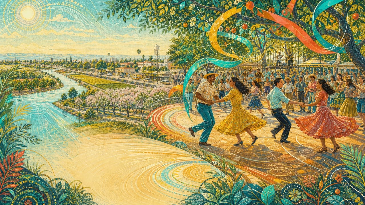 Swing the Other Way — Clearly adult dancers switch partners and directions at a joyous outdoor Merced community dance beneath sweeping ribbons and orchard branches
