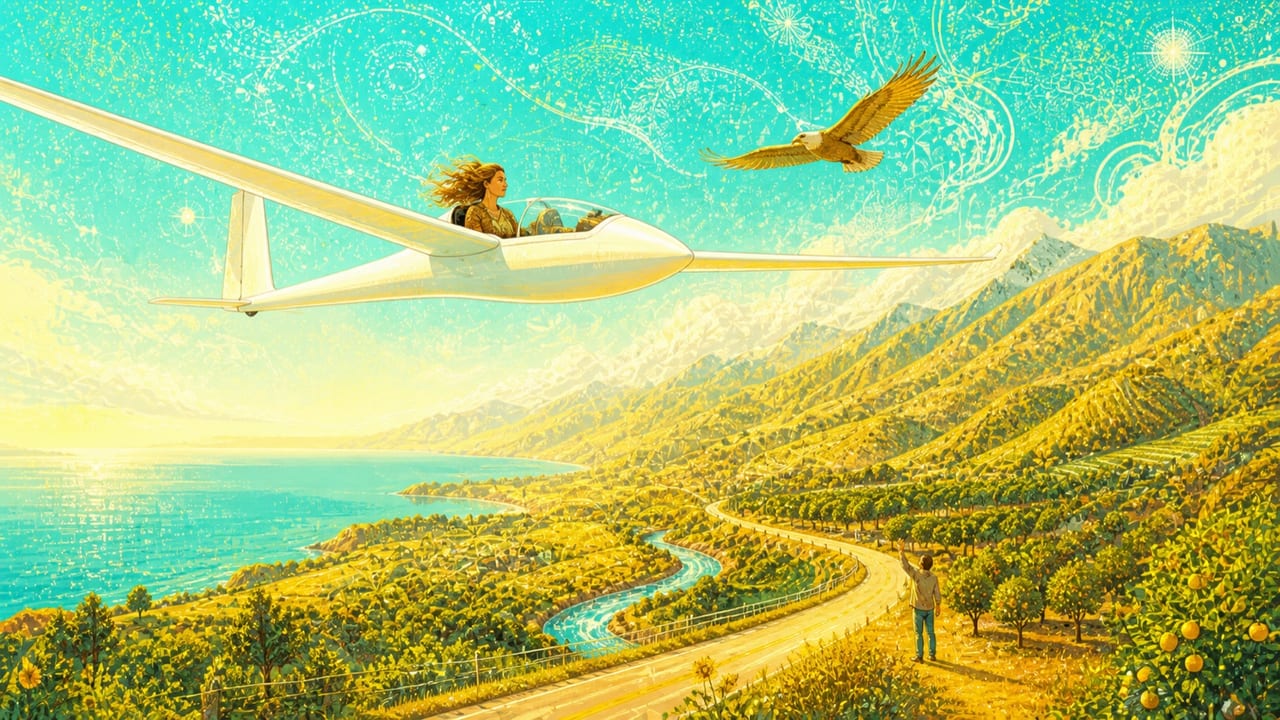 Fly Solo, Fly Free — An adult woman pilots a small sailplane above sunlit Central California mountains, fields and coast beside a soaring eagle