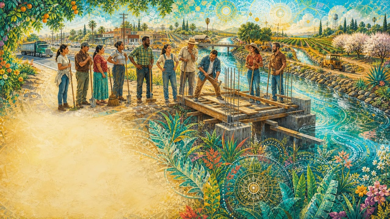 Why Can’t People Do — A diverse group of adults turns hesitation into cooperation while completing a community bridge across a brilliant Merced canal