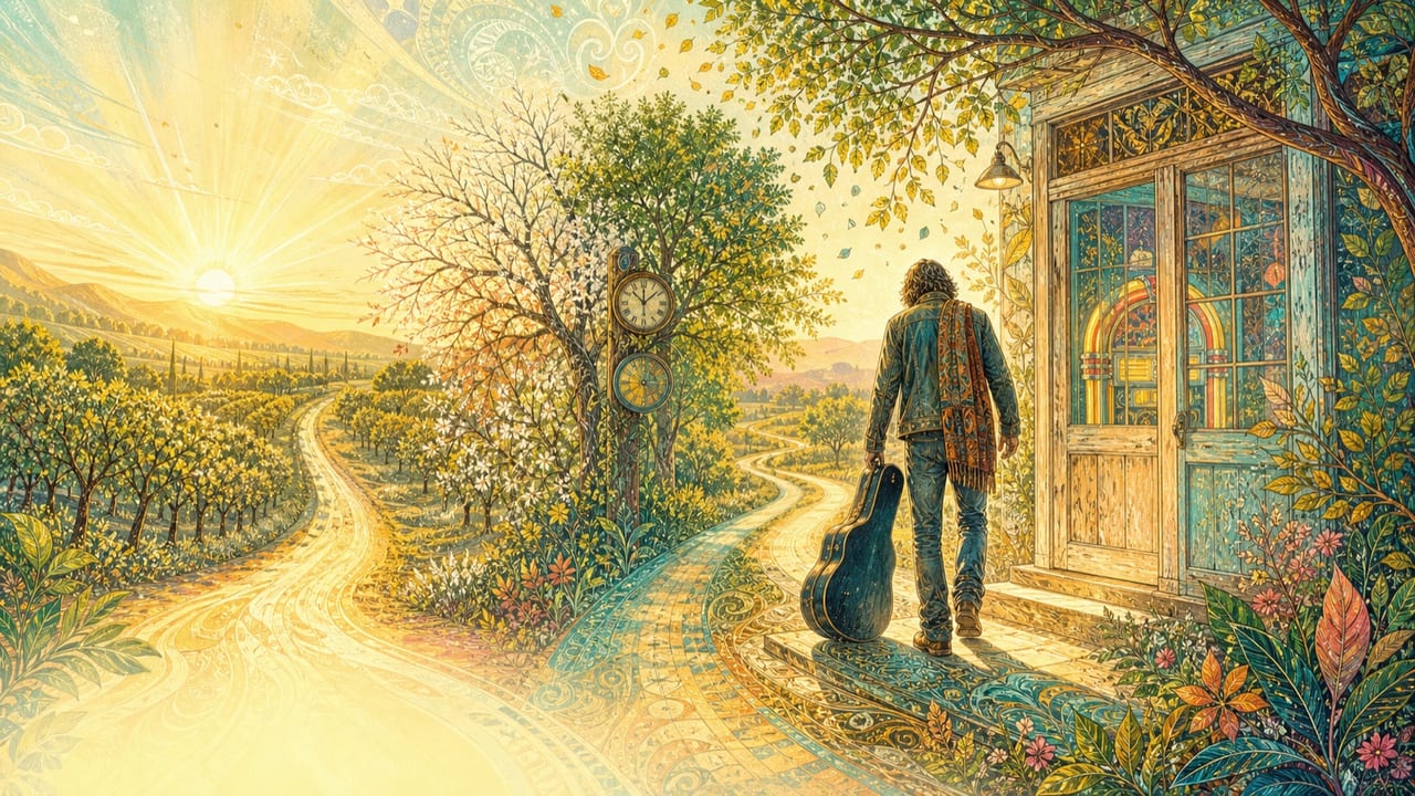 Baby, You Are Way Too Young — A symbolic illustrated adult musician leaving a Central California dance hall at dawn as two roads diverge through orchards
