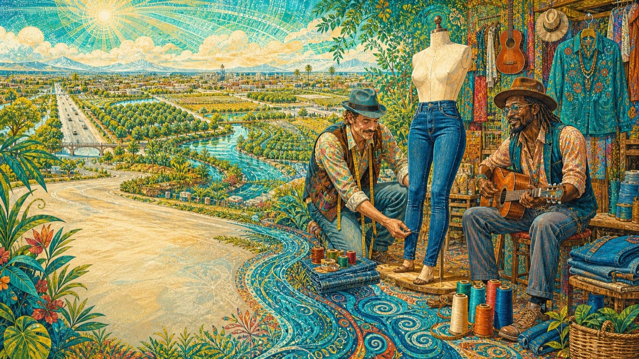 Skinny Jeans — A playful adult tailor fits improbably narrow denim on a mannequin while an adult musician plays inside a vivid Merced thrift shop