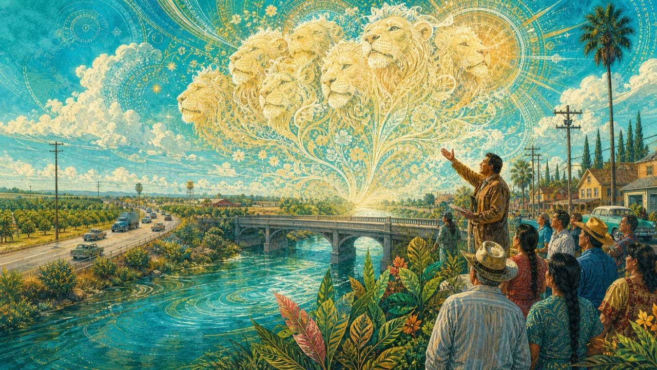 The 7-Headed Lion — A peaceful seven-headed lion made of sunlight, clouds and botanical linework rises above a Central Valley bridge before an adult street preacher and townspeople