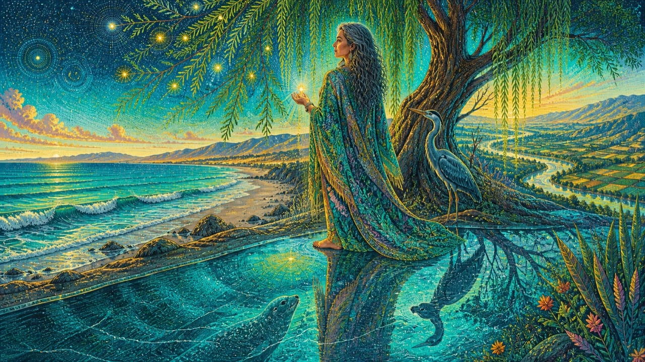 A mysterious adult woman stands where an ancient willow meets the sea as her reflection becomes a seal and her shadow a heron A mysterious adult woman stands where an ancient willow meets the sea as her reflection becomes a seal and her shadow a heron
