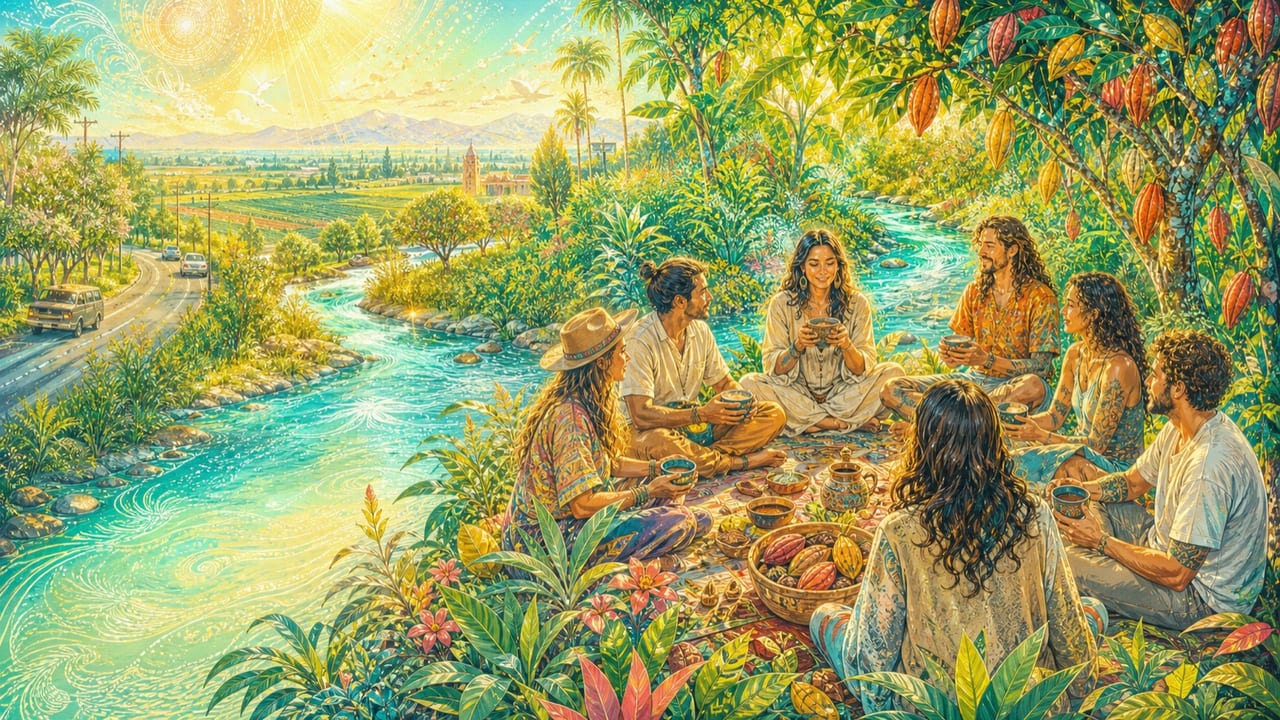 Cacao Ceremony — A radiant adult cacao gathering beside a turquoise river where tropical fruit trees merge into the orchards and roads of Central California