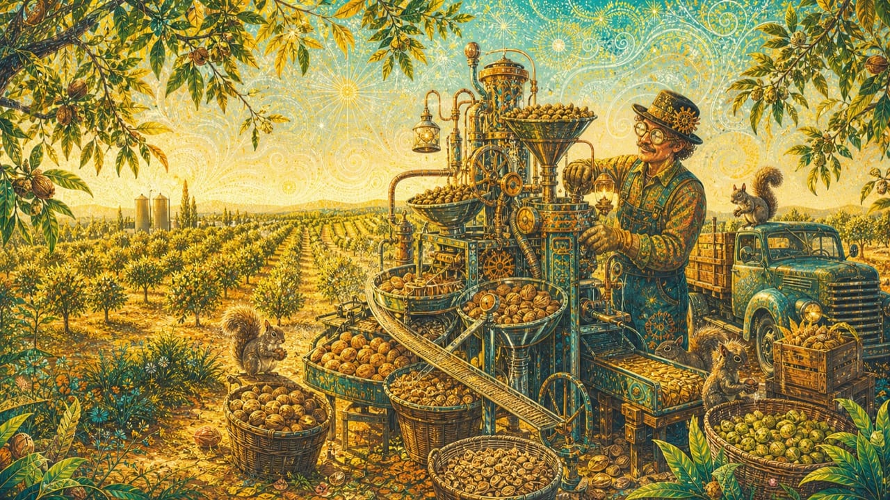 Buster Nut — A playful Central Valley orchard harvest with an eccentric worker, a fantastic vintage nut-sorting machine, baskets and curious squirrels