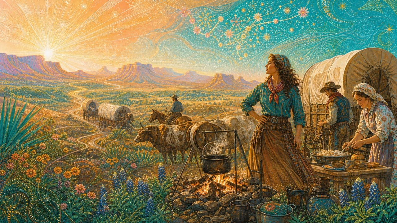 An adult frontier woman leads a westbound wagon camp at brilliant Texas dawn while a cook, nurse and wrangler prepare the road ahead An adult frontier woman leads a westbound wagon camp at brilliant Texas dawn while a cook, nurse and wrangler prepare the road ahead