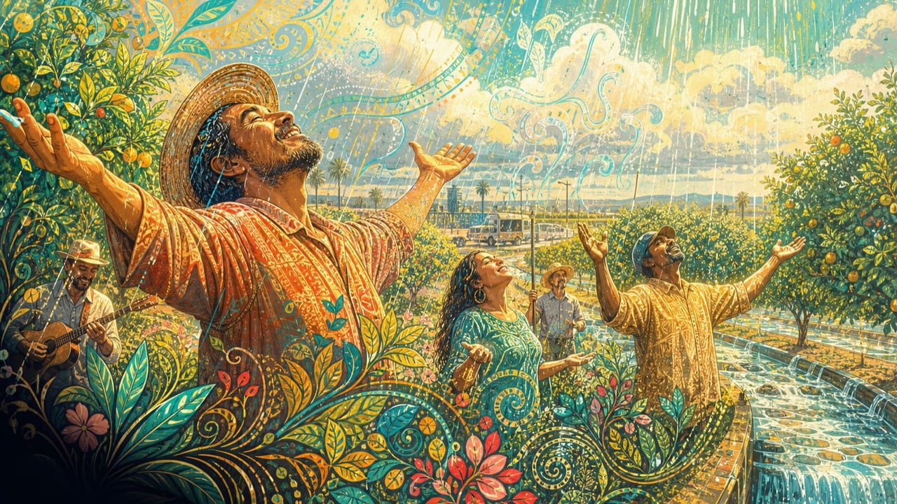 Make It Rain — Adult orchard workers celebrate brilliant turquoise rainfall filling Central Valley irrigation channels and reviving flowering trees Make It Rain — Adult orchard workers celebrate brilliant turquoise rainfall filling Central Valley irrigation channels and reviving flowering trees