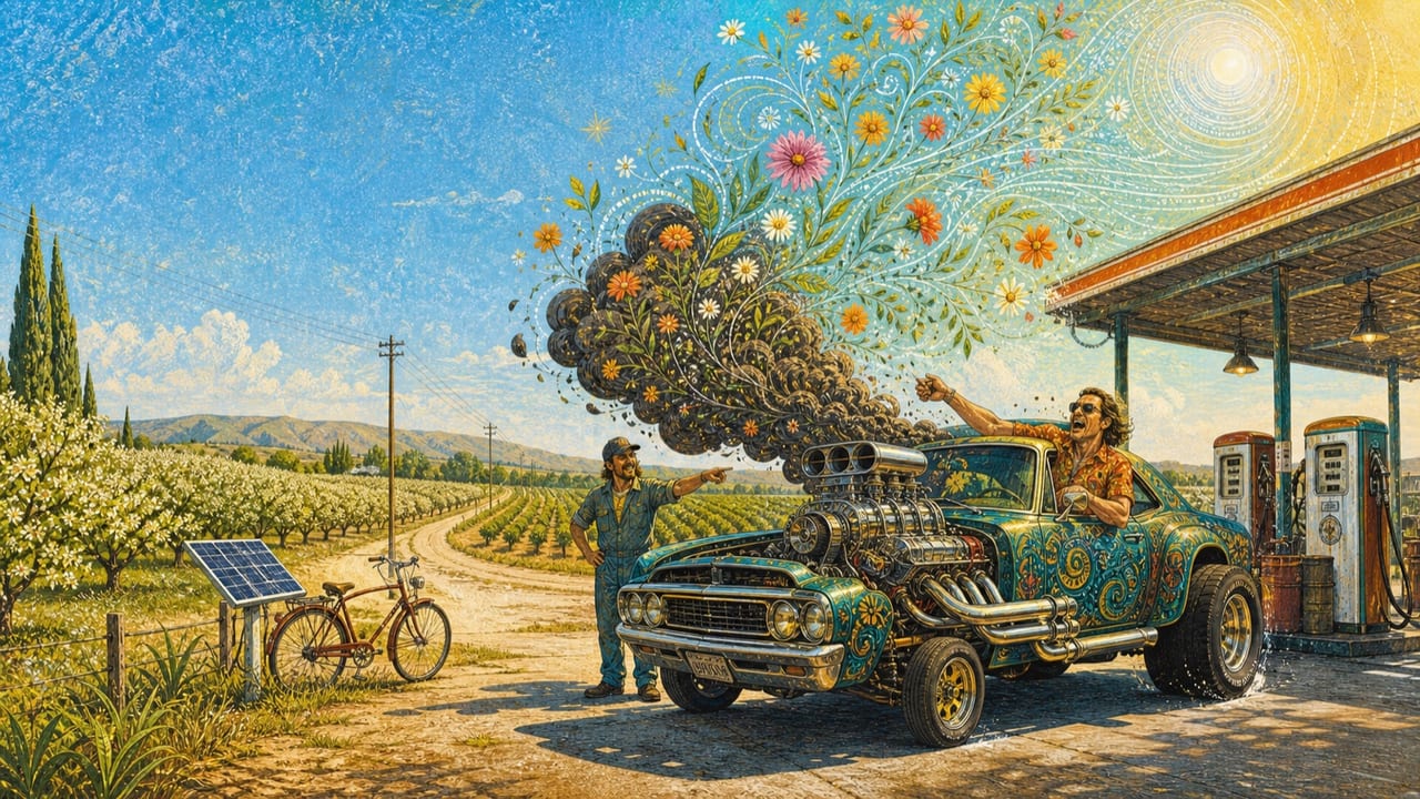 Gasshol — An absurdly loud vintage car crosses a bright Merced street as its exhaust transforms into flowers beside a mechanic, bicycle and solar panels