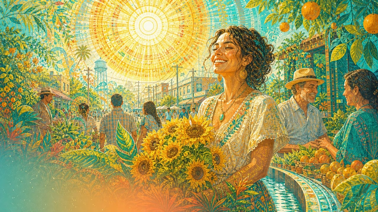 She Smiles Like the Sun — An adult woman smiles among glowing sunflowers at a vivid Central Valley street market washed in golden morning light