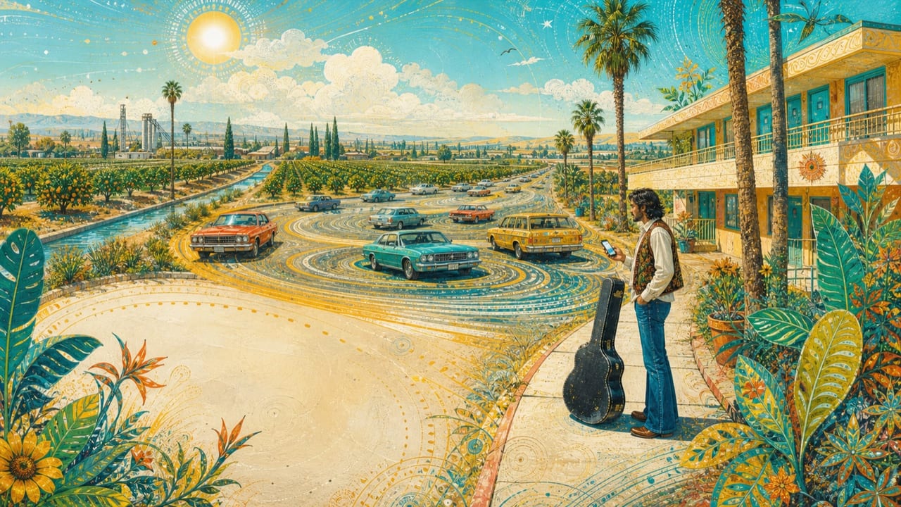 Waiting for My Uber Driver — An adult musician waits with guitar case and phone outside a sunny Merced motel while several colorful cars loop around the wrong block