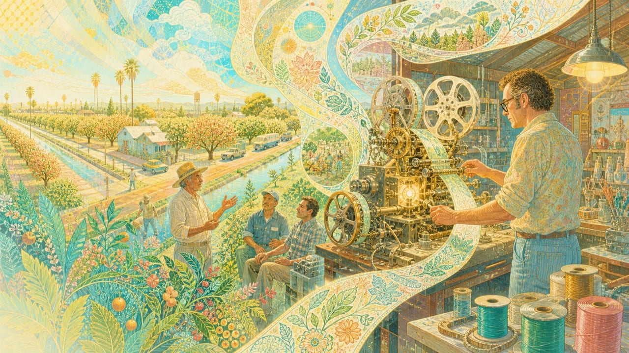 Reamatine — An adult inventor operates a radiant handmade reel-and-gear machine in a Central Valley shed that weaves memories into botanical fabric Reamatine — An adult inventor operates a radiant handmade reel-and-gear machine in a Central Valley shed that weaves memories into botanical fabric