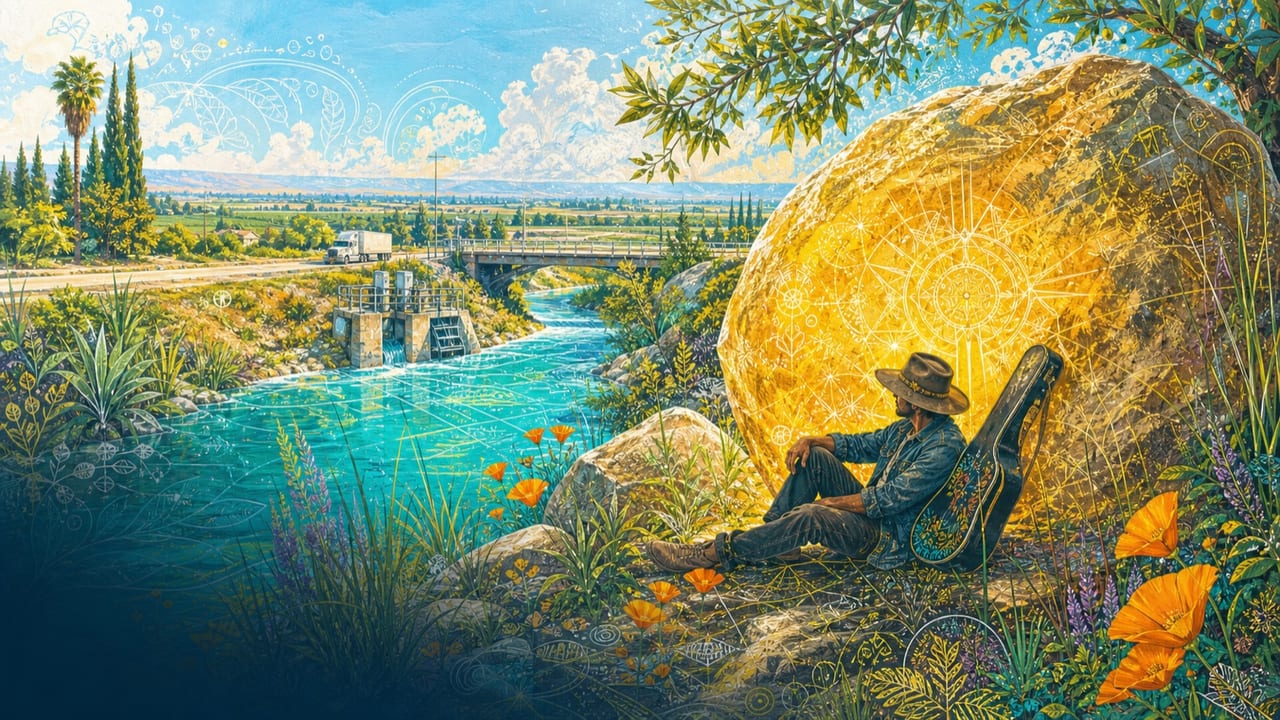 Golden Rock — A monumental golden boulder glows beside a turquoise Merced irrigation river as an adult songwriter rests among poppies and reeds