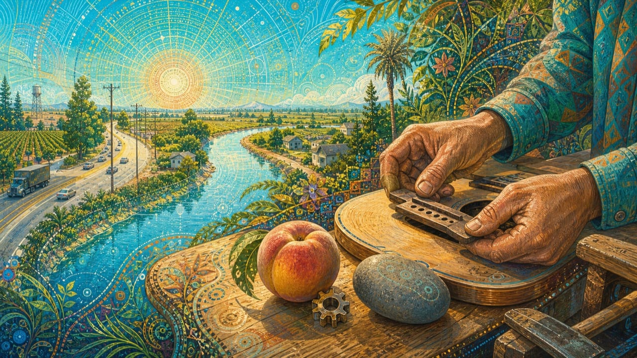 There’s Such a Thing as Perfection — Adult craftsperson hands balance a handmade guitar bridge, ripe peach, smooth river stone and tiny gear in a humble sunlit Central Valley workshop