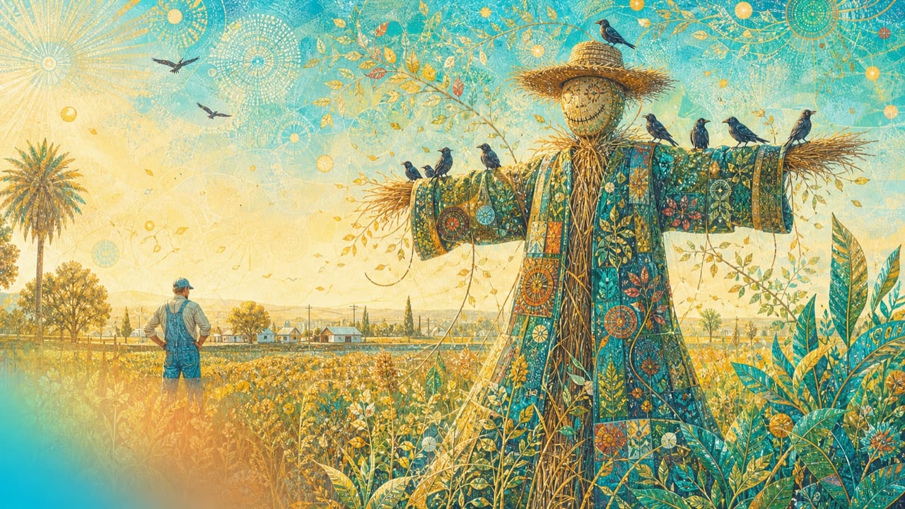 Scarecrow — A beautifully weathered scarecrow stands in a brilliant Central Valley field among friendly birds while an adult farmer watches from the orchard edge Scarecrow — A beautifully weathered scarecrow stands in a brilliant Central Valley field among friendly birds while an adult farmer watches from the orchard edge