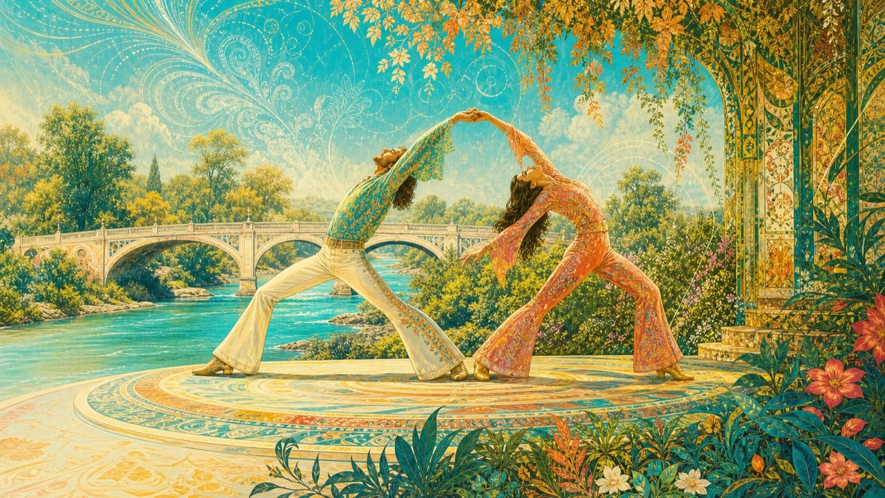Bridge of Thighs — Two adult dancers create an arch on a luminous psychedelic stage as a river bridge mirrors their movement in the distance