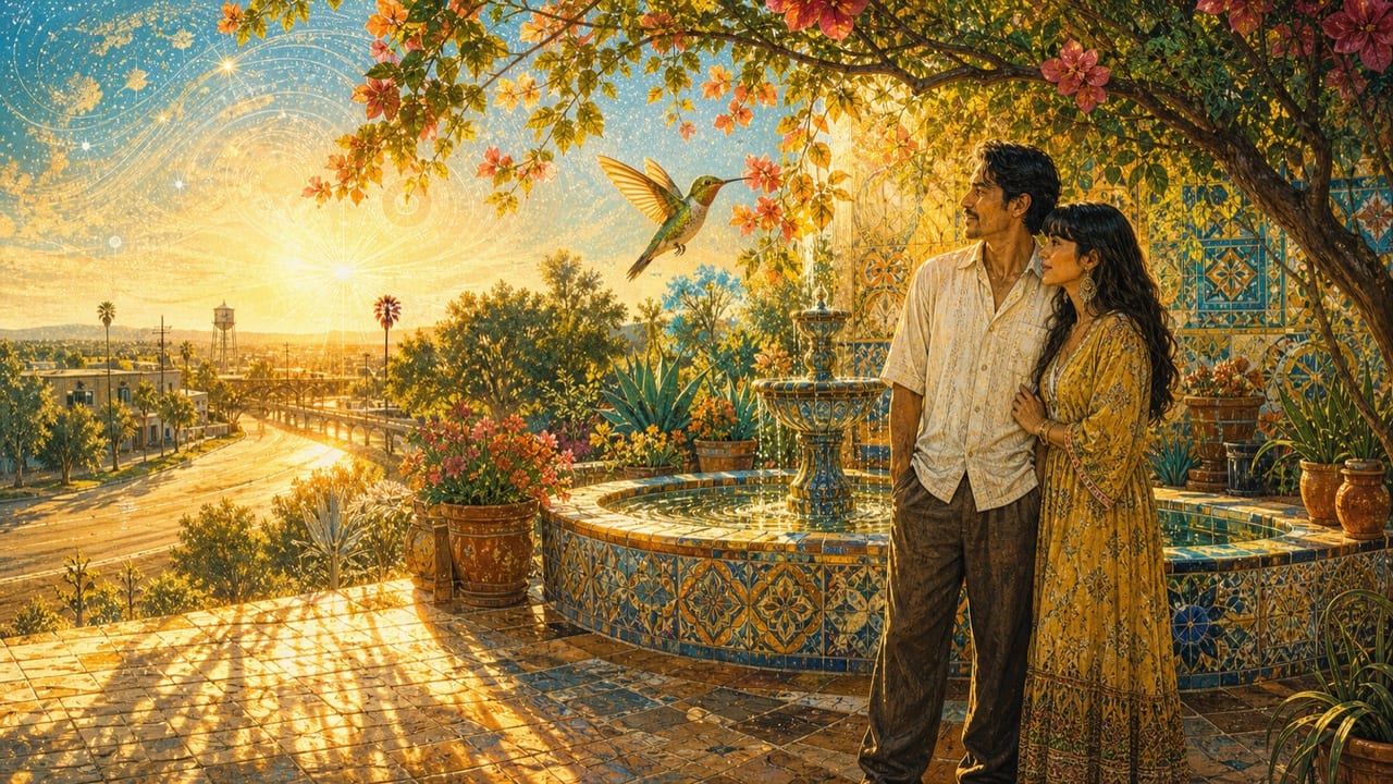 Este Momento — An adult couple shares a luminous moment beside a tiled Merced fountain as a hummingbird, flowering vines and golden water gather around them