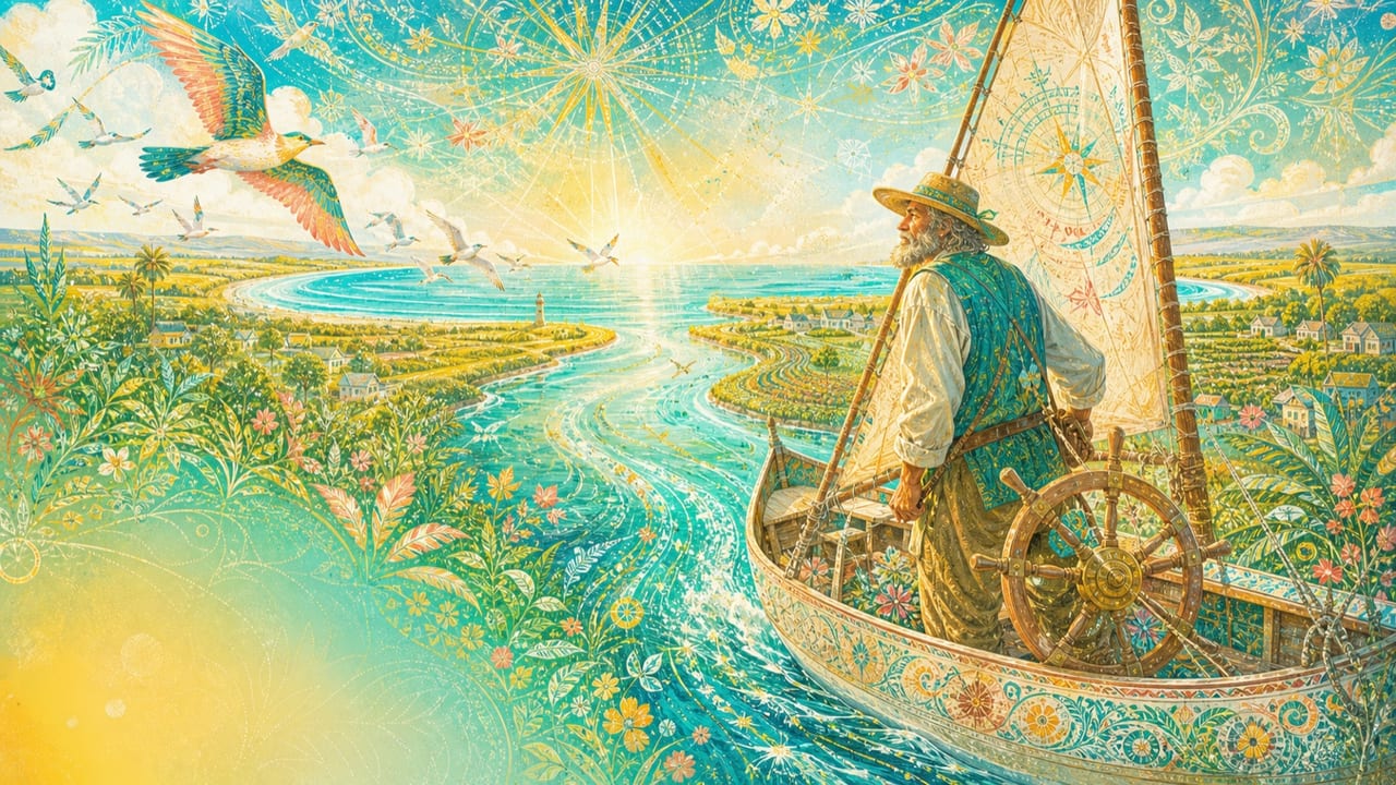 Rime of the Mystic Mariner — An older adult mariner guides a flower-painted sailboat where a bright Central Valley river opens into a luminous Pacific beneath compass birds
