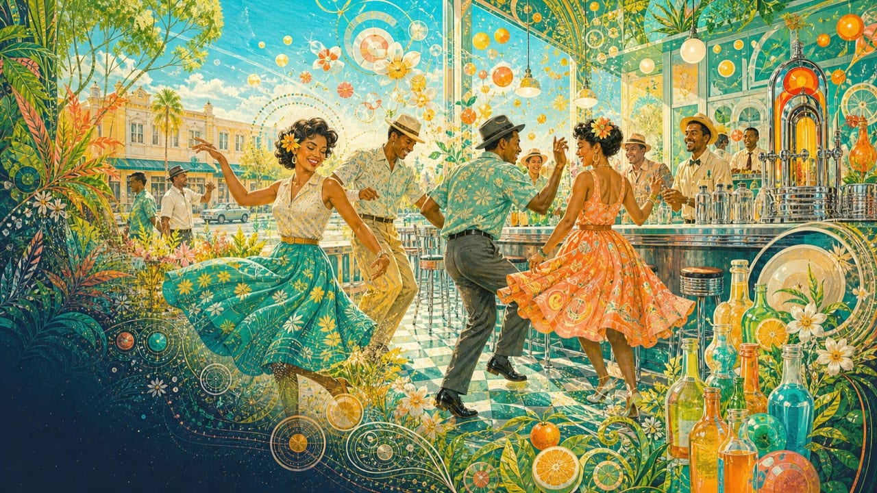 It's My Soda Pop Dance — Clearly adult dancers whirl through a brilliant vintage Merced soda fountain where bubbles, fruit blossoms, chrome and jukebox forms become psychedelic circles
