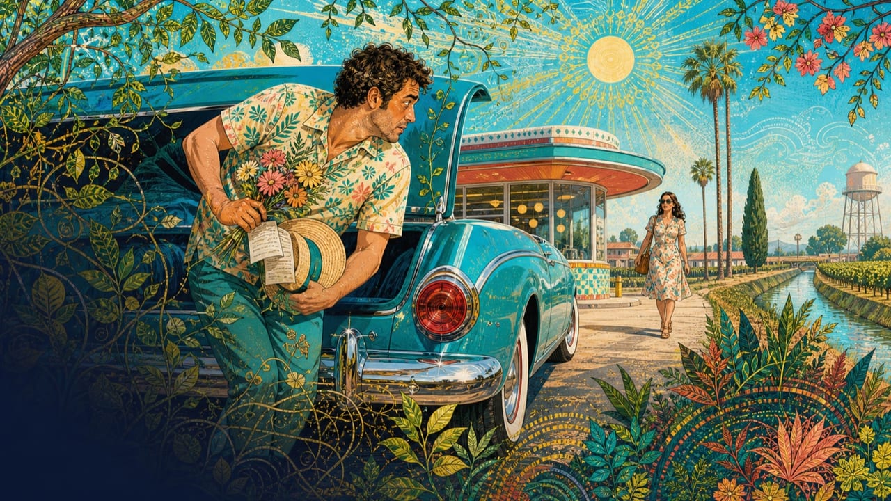 I Sure Hope She Don't Find Out — A sheepish adult hides a bouquet, hat and receipt behind a turquoise car as a perceptive adult woman approaches a bright Merced diner
