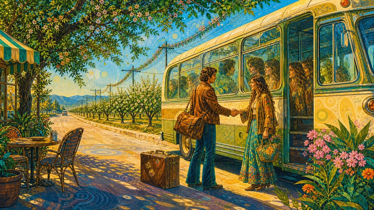 First Impression — Two adults meet at a bright Merced bus station while windows, puddles and chrome repeat their first glance through a flowering streetscape First Impression — Two adults meet at a bright Merced bus station while windows, puddles and chrome repeat their first glance through a flowering streetscape