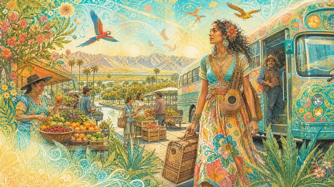 Olivia De Bolivia — An adult woman traveler steps from a vivid intercity bus into a radiant Central Valley produce market carrying woven luggage and a small stringed instrument
