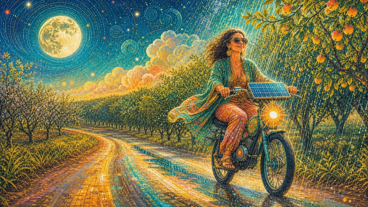 Full-Grown Woman — A self-possessed adult woman rides a solar-powered minibike through a luminous rain-washed orchard beneath an enormous moon