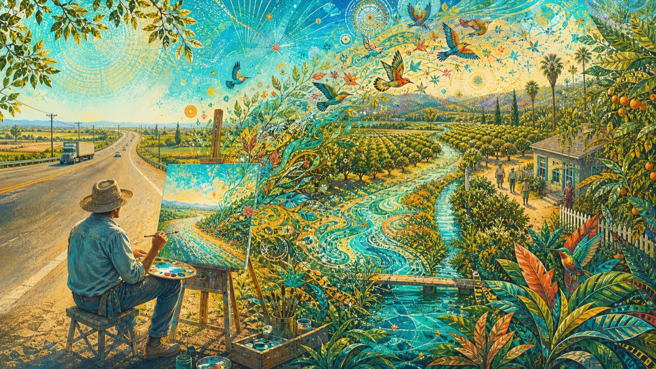 There's a Painter with a Canvas — An adult roadside painter creates a Central Valley scene so vivid that painted birds, orchards and turquoise river patterns flow into the landscape