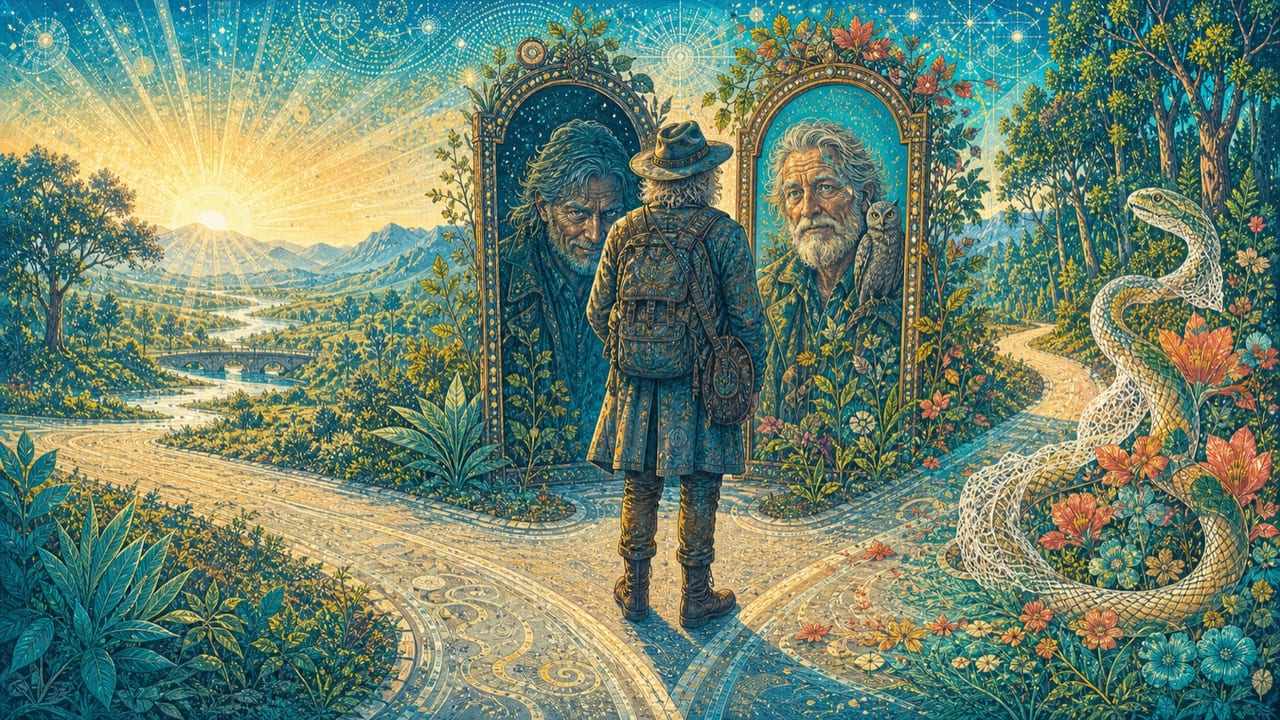 Evil & Wise — An adult traveler stands at a luminous valley crossroads between an owl, a serpent and two visionary mirrors of shadow and wisdom Evil & Wise — An adult traveler stands at a luminous valley crossroads between an owl, a serpent and two visionary mirrors of shadow and wisdom