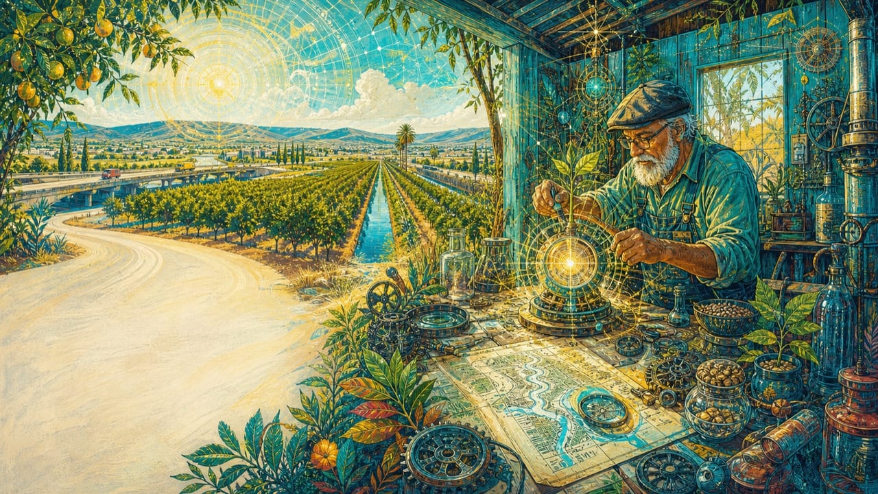 The Wizard — An eccentric older adult orchard mechanic builds a radiant machine from gears, lenses, seeds and irrigation maps in a bright turquoise work shed The Wizard — An eccentric older adult orchard mechanic builds a radiant machine from gears, lenses, seeds and irrigation maps in a bright turquoise work shed