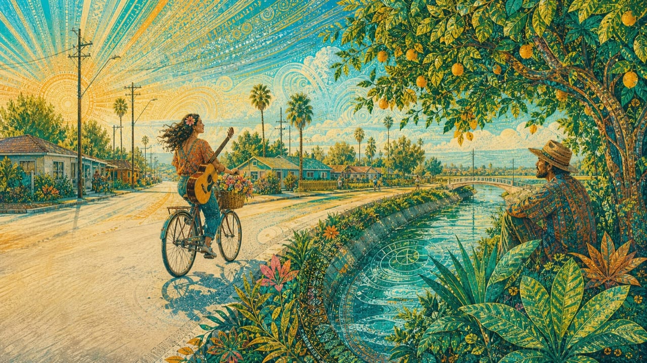 There's a Girl I Know — A confident adult woman bicycles through a radiant Merced neighborhood carrying flowers and a guitar while an adult admirer watches from across the canal