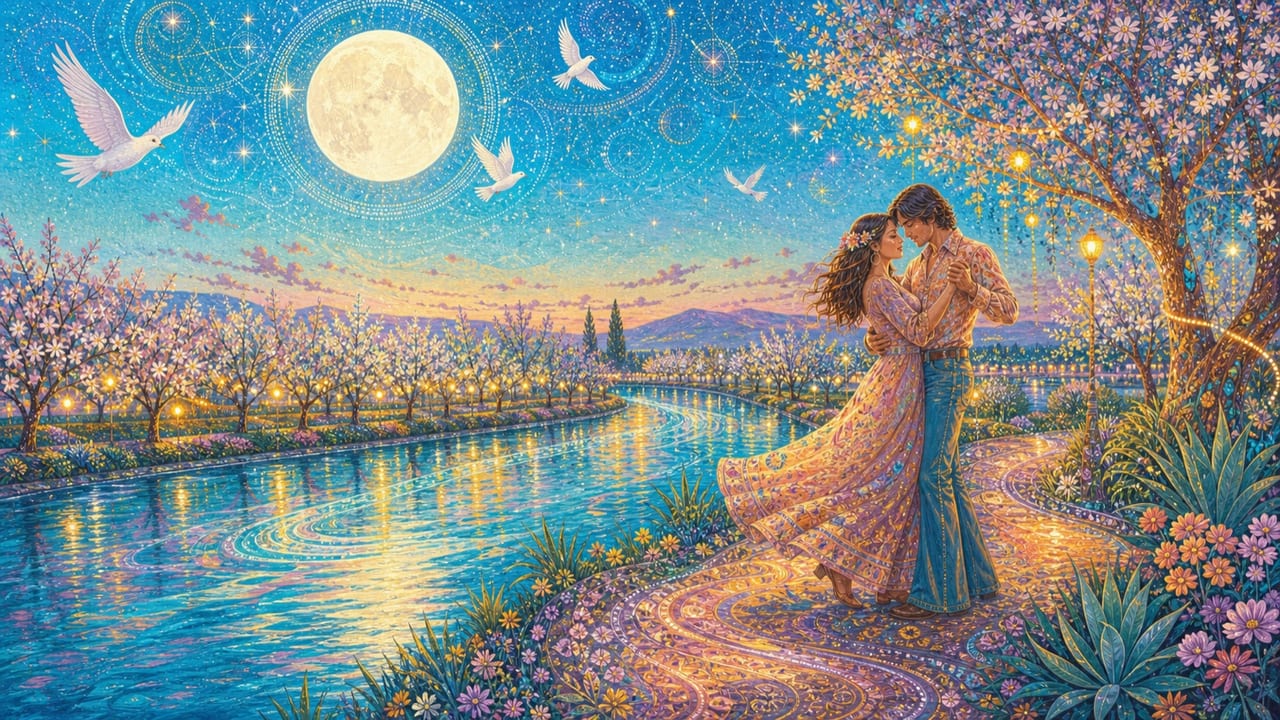 Cool Kind of Love — An adult couple dances beside a luminous Central Valley river beneath a pearl moon, doves and flowering orchard lights