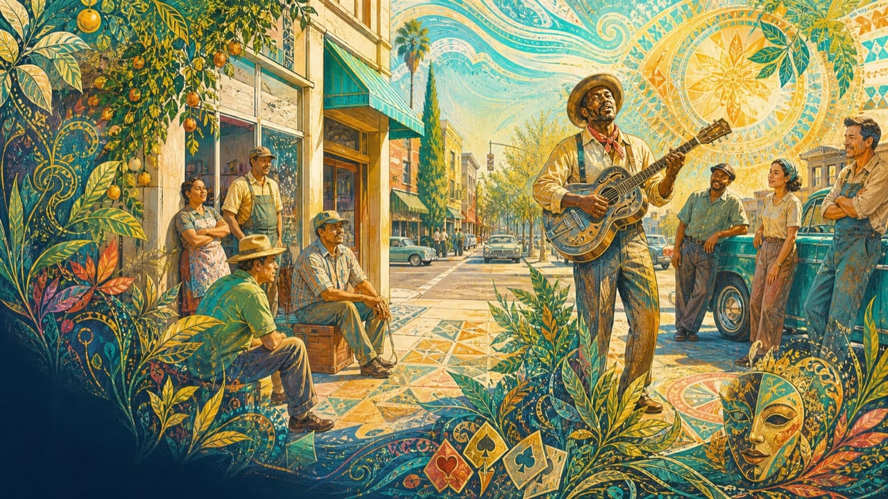 Main Street Player — A charismatic adult street musician performs on a bright Merced main street as shopkeepers, mechanics and neighbors gather around him