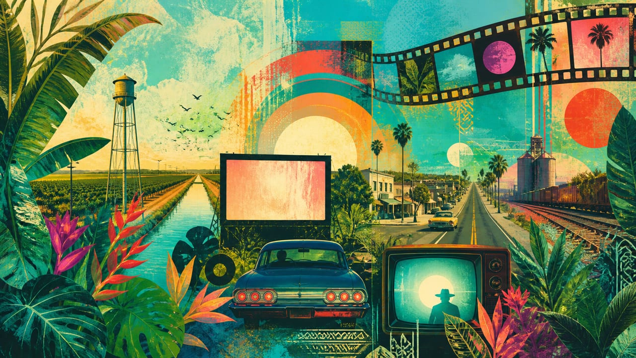 A bright cinematic California collage with a drive-in screen, vintage television, film frames, rail, irrigation and working streets A bright cinematic California collage with a drive-in screen, vintage television, film frames, rail, irrigation and working streets