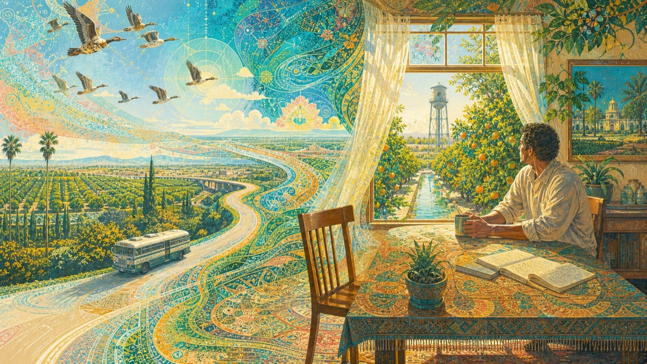 When You're Away — An adult sits at a sunlit Merced table beside an empty chair while migrating birds, a distant bus and a winding road connect to the absent traveler