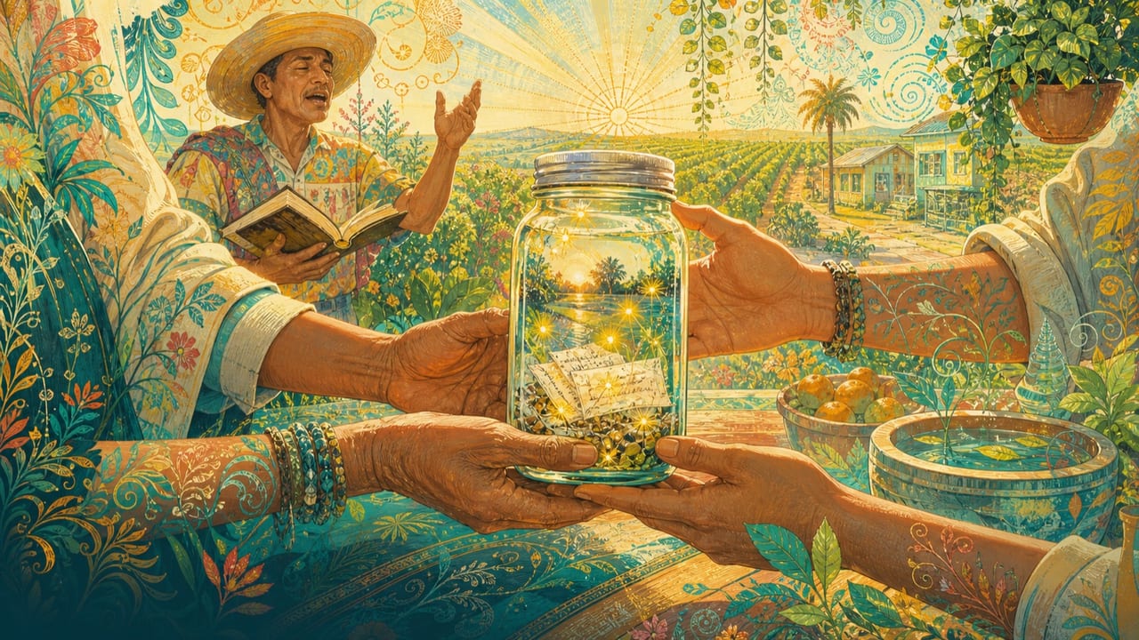 Mason Jar — Clearly adult hands pass a luminous mason jar filled with seeds, fireflies, river water and memories across a sunlit farmhouse table