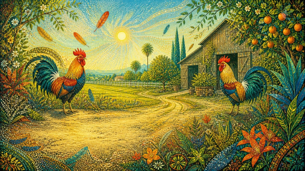Cockfighting — Two magnificent uninjured roosters stand apart in symbolic rivalry across a bright Merced farmyard filled with citrus and flowers