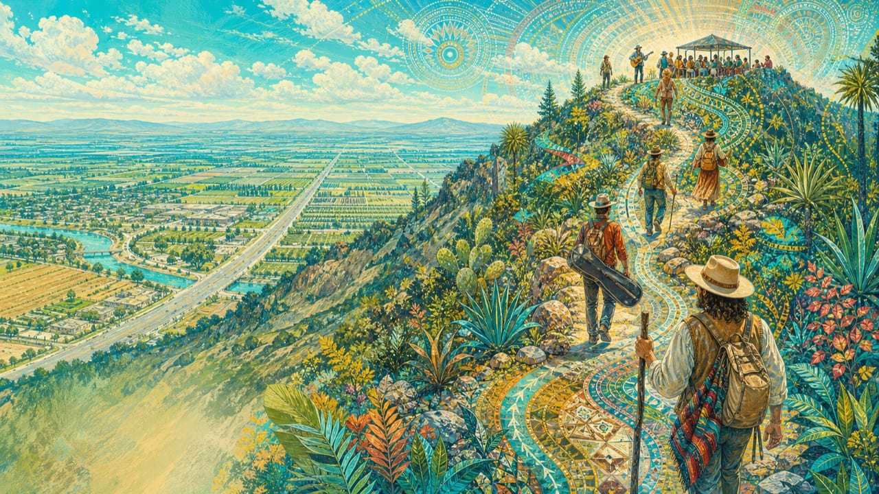 Way Up on the Mountain — Adult folk travelers climb a bright Sierra trail above the Central Valley toward a small music gathering on a sunlit summit